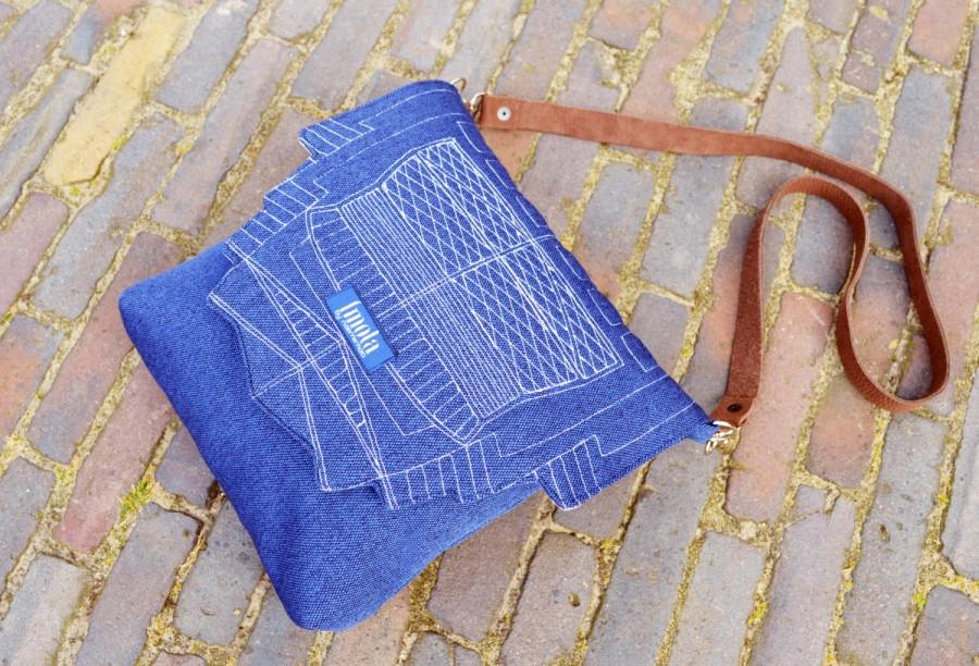 Mariage - Blue crossbody purse bag messenger bag small dark blue canvas purse brown leather strap everyday elegant purse Zurichtoren geometry minimal