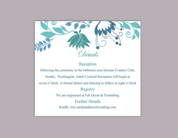 Wedding - DIY Wedding Details Card Template Editable Word File Instant Download Printable Details Card Blue Details Card Floral Information Cards