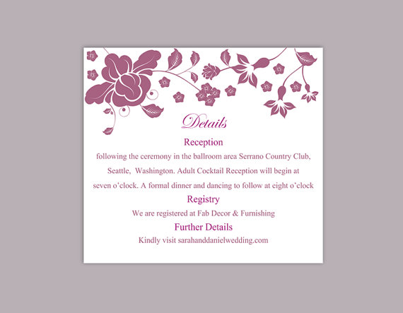 Свадьба - DIY Wedding Details Card Template Editable Word File Instant Download Printable Details Card Eggplant Details Card Floral Enclosure Cards