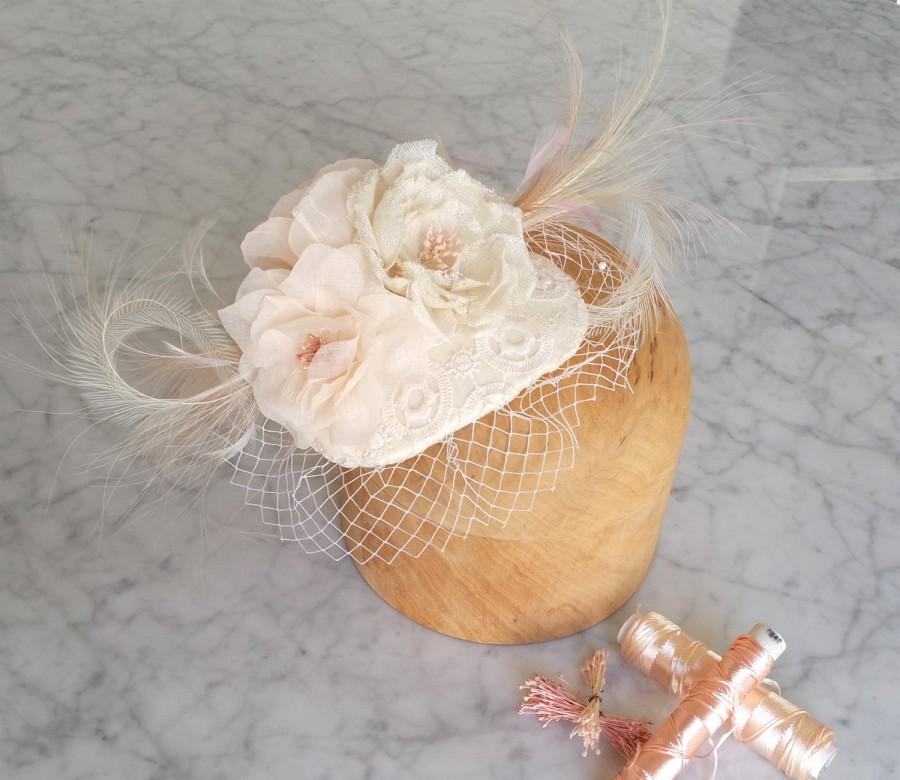 Hochzeit - Birdcage veil fascinator, Bridal flower headpiece, Fascinator with veil, Boho headpiece, Mini hat, Bridesmaid headpiece, SALE -25%