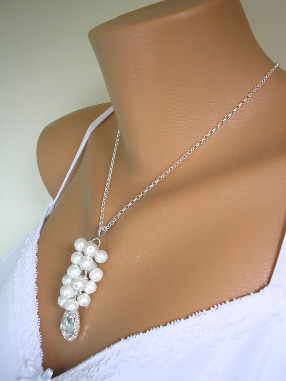 زفاف - Pearl Cluster Necklace, STERLING Silver, Pearl Pendant, Bridesmaid Sets, Wedding Necklace, White Pearls, Cream Pearls, Bridal Jewelry