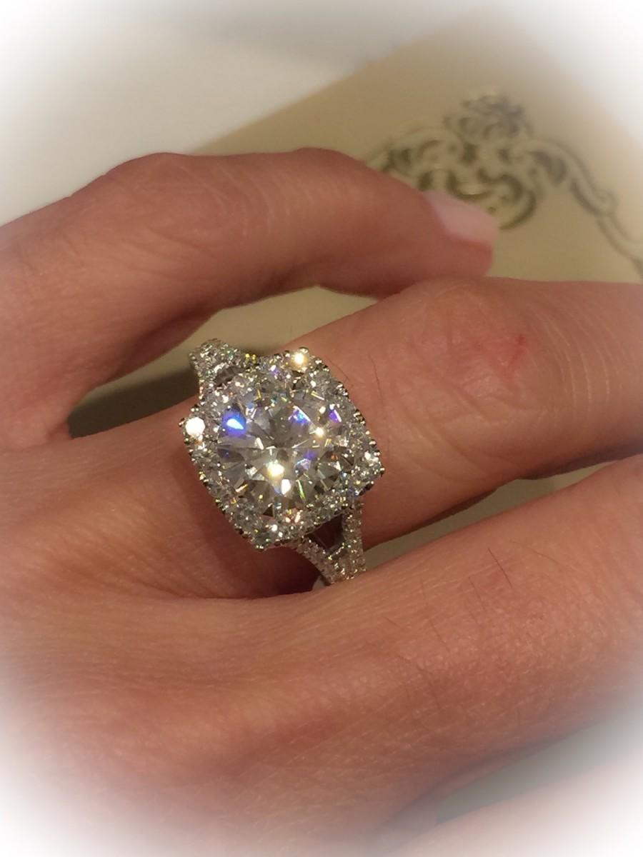 Wedding - 18kt White Gold Diamond Engagement Ring 8.5mm Round Forever Brilliant Moissanite and 1.85ct Round Natural Diamonds Pristine Custom Rings