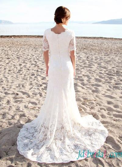 زفاف - Modest short sleeves slim a line lace wedding dresses