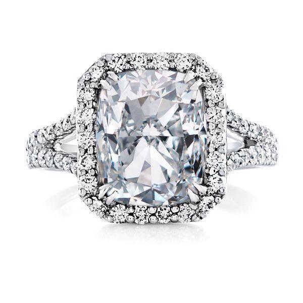 Hochzeit - White Sapphire Halo Engagement Ring Split Shank Cushion Cut 11X9mm Genuine Diamonds 18kt White Gold Engagement Ring Pristine Custom Rings