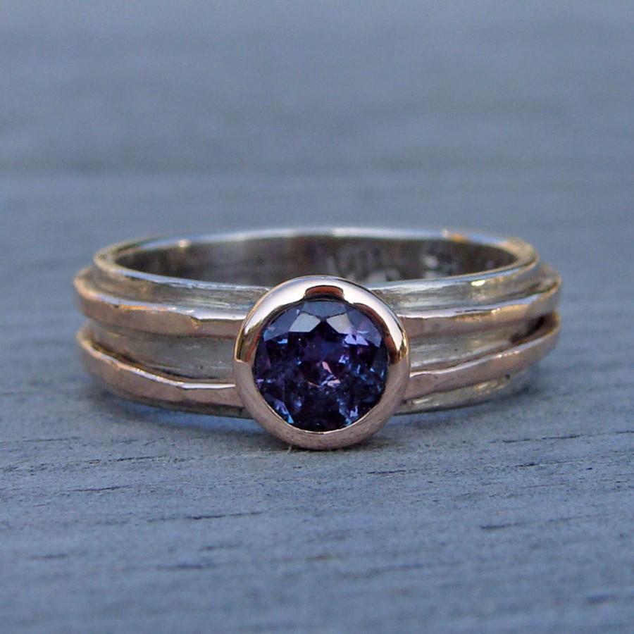 Hochzeit - Chatham Alexandrite Engagement, Wedding, or Everyday Ring with Recycled 14k Rose Gold and Recycled 18k Palladium White Gold - Made to Order