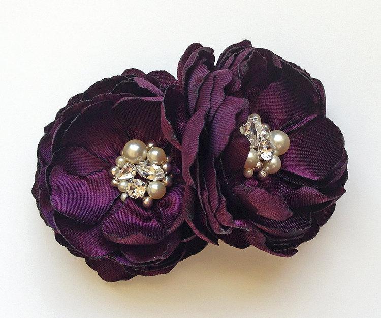 Mariage - Purple Eggplant Flower Hair Clips - Shoe Clips, Brooch for a Bride Bridesmaid Female Friend Gift Special Event Photo Prop Kia Collection