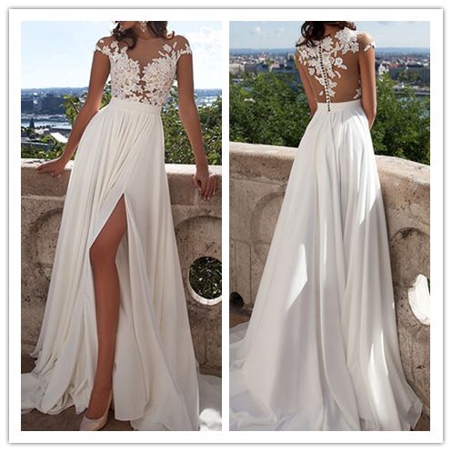Hochzeit - Ivory Lace Beach Front Slit SeeCap Sleeves Wedding Gowns 