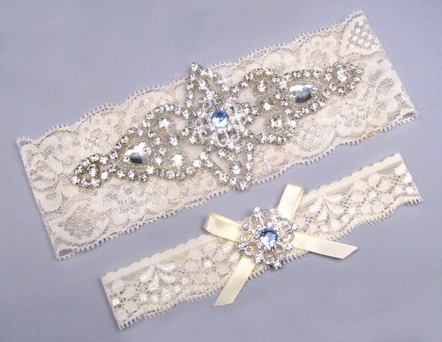 Mariage - Something Blue Wedding Garters, Ivory / White Lace Keepsake / Toss Bridal Garter Set, Crystal Rhinestone Custom Garter, Petite to Plus Size