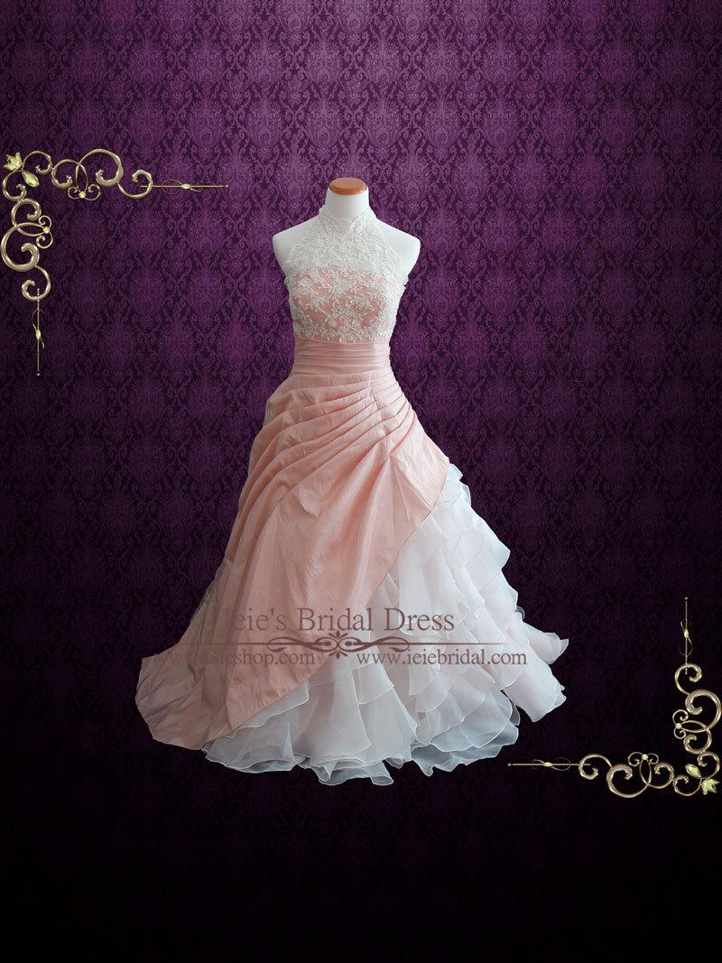 Hochzeit - Halter Blush Pink Ball Gown Wedding Dress with Organza Ruffles 