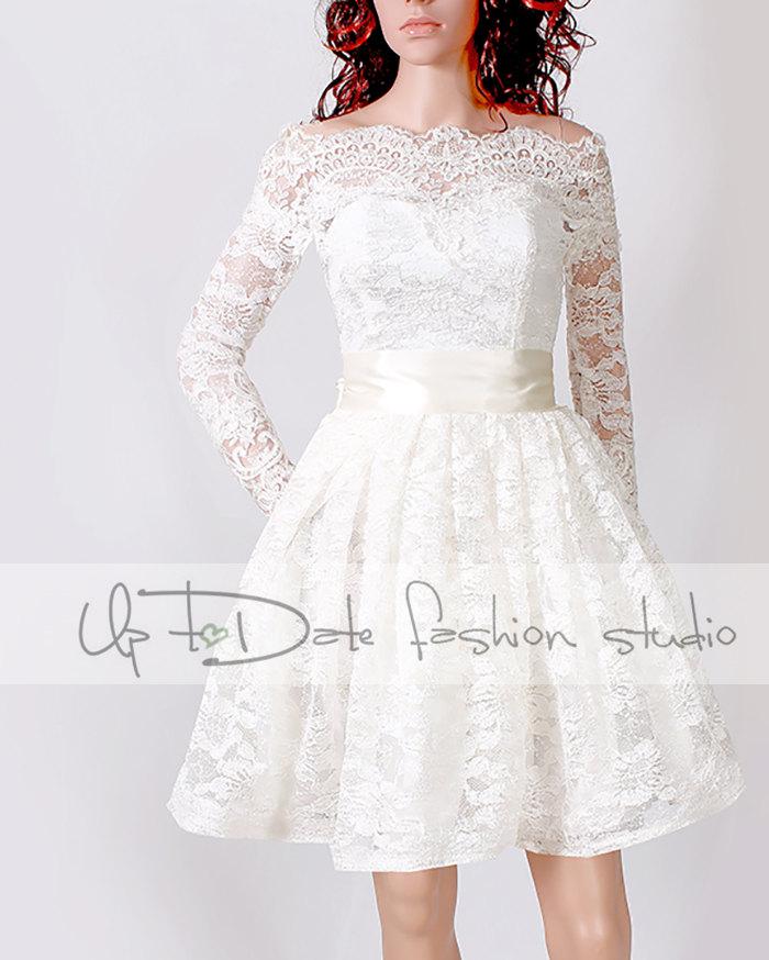 Свадьба - Lace Short/ Off-Shoulder /Custom Made / wedding / reception dress / 3/4 Sleeves/ Bridal Gown