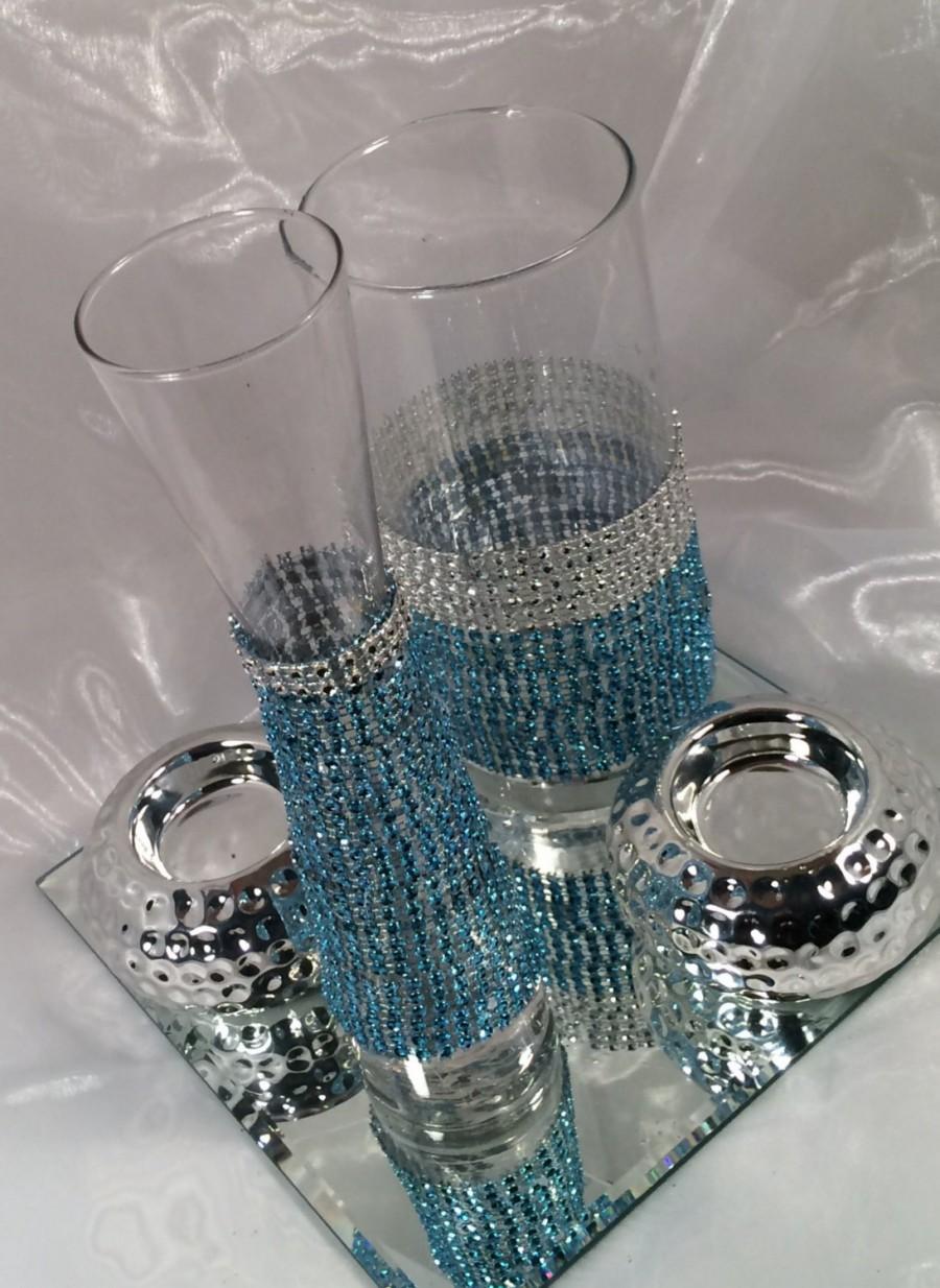 Hochzeit - Wedding centerpiece,  rhinestone glass cylinder vase, Set of four, winter wedding, vase, bling, wedding candles, turquoise