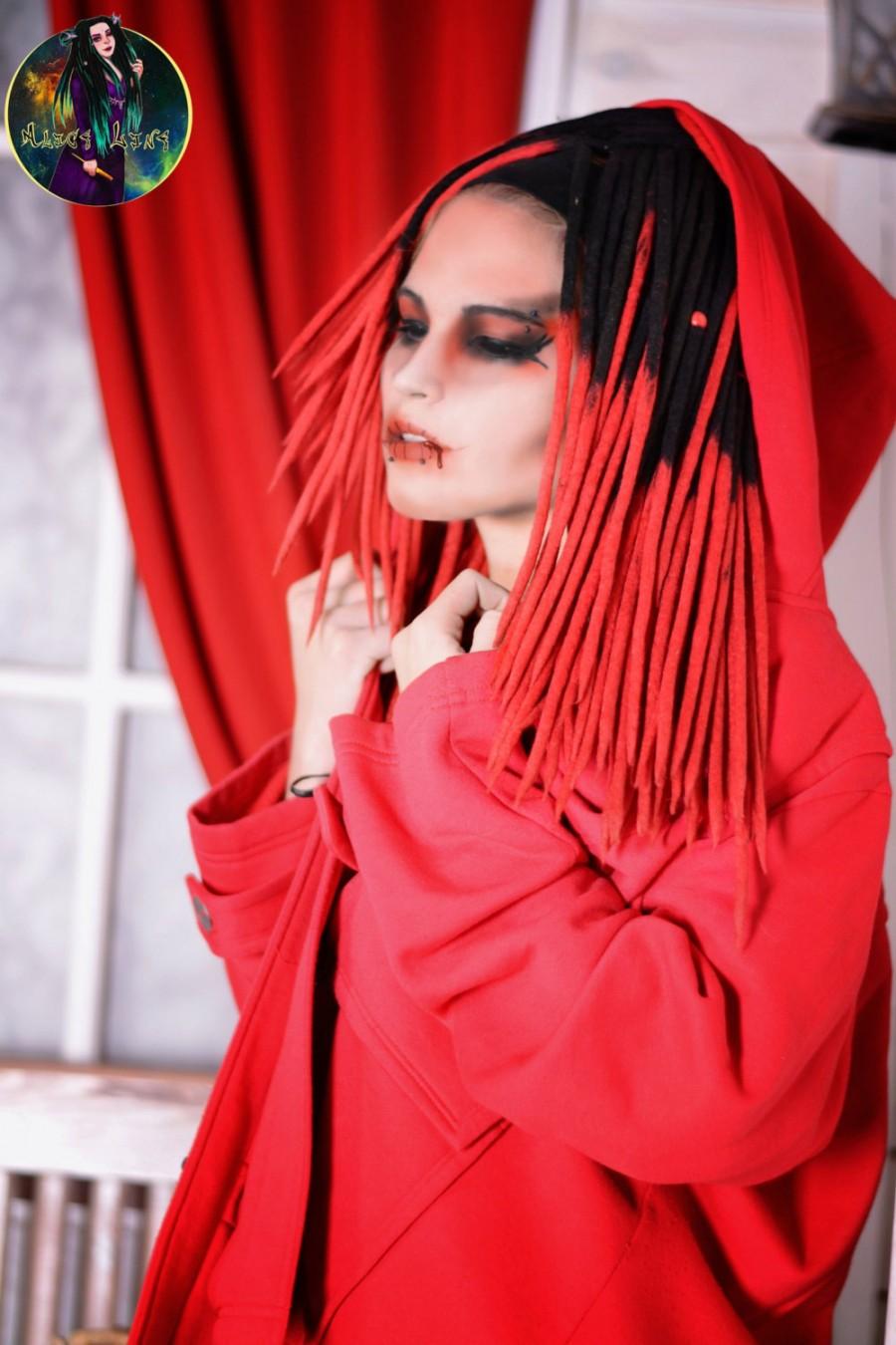 زفاف - Set of wool DE dreads " Bloody Red Riding Hood " red black double ended dreads merino full set dreadlocks extensions