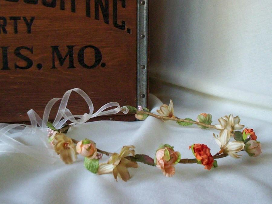 Hochzeit - Wedding Hair Accessories bridal Flower Crown peach floral headband Woodland Hair wreath Circlet bride headpiece orange champagne Halo
