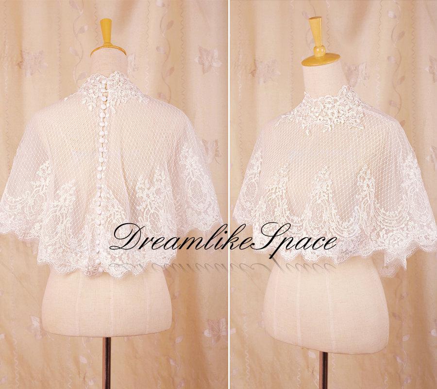 Hochzeit - Handmade shrug bridal lace bolero,Couture neck button jacket,Dotted eye lash lace bolero,Wedding accessory,Bridesmaid lace boleroBridal cape