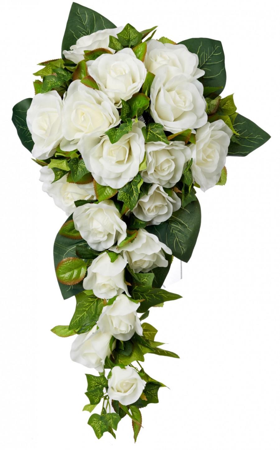 Wedding - Ivory Silk Rose Cascade - Silk Bridal Wedding Bouquet
