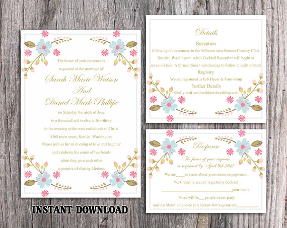 Hochzeit - DIY Wedding Invitation Template Set Editable Word File Instant Download Printable Invitation Floral Wedding Invitation Colorful Invitation