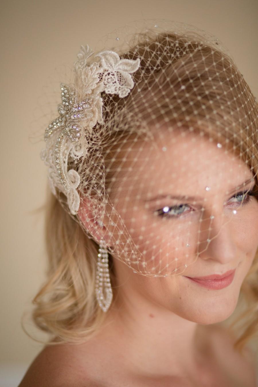 Wedding - Champagne Birdcage Veil with Lace and Rhinestone Fascinator Made to Order Champagne Ivory or White