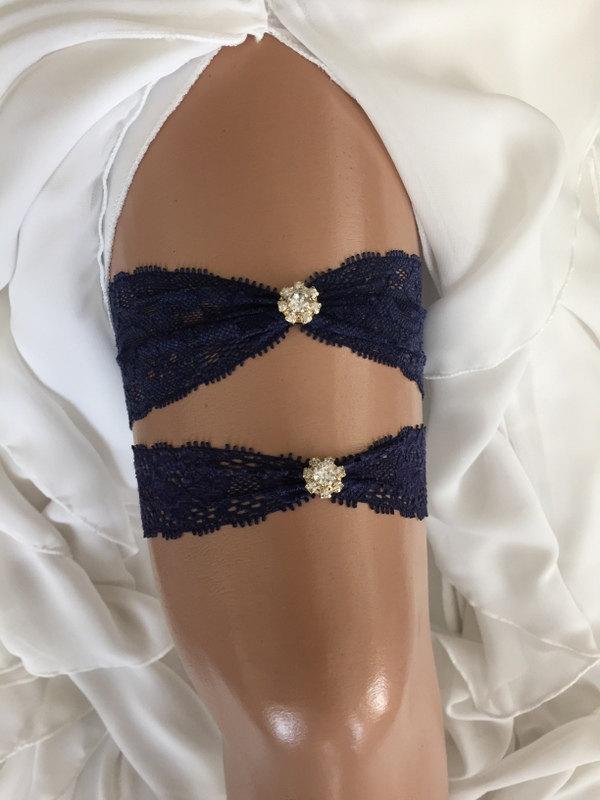 Wedding - wedding garter set, navy blue lace bridal garter set, pearl/rhinestone, gold, silver