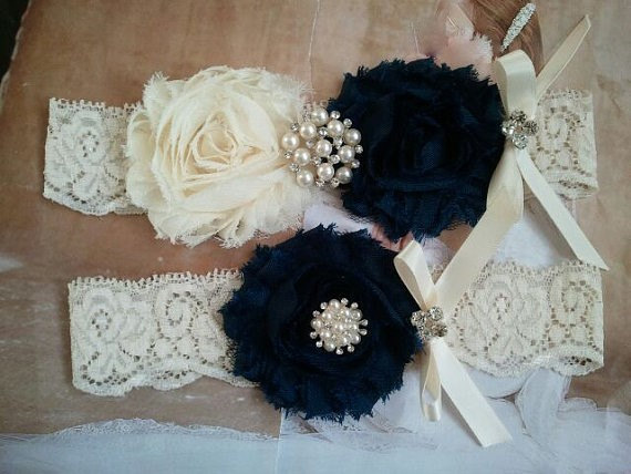 Hochzeit - SALE - Bridal Garter, Wedding Garter and Toss Garter - Ivory/Navy Garter Set with Pearl & Rhinestone - Style G218
