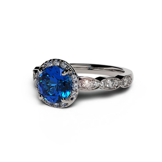 زفاف - Custom Engagement Ring Set with Blue Sapphire and Diamonds, 14K White Gold Wedding Ring.