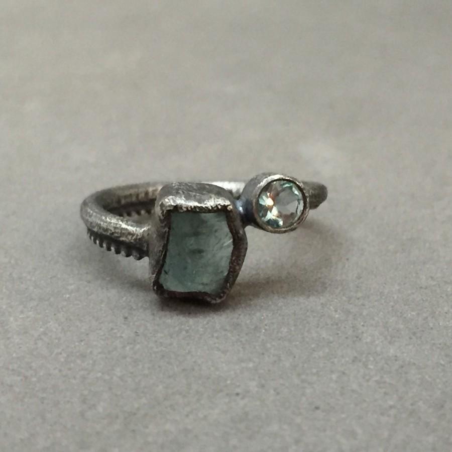 زفاف - double stone engagement ring apatite raw gems faceted unique one of a kind wedding ring oxidized sterling silver custom ring