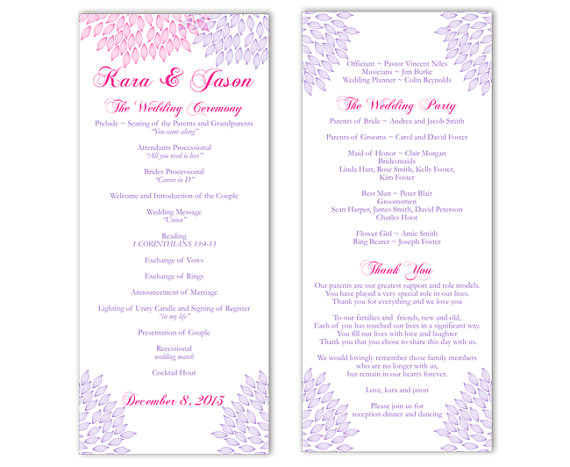 Свадьба - Wedding Program Template DIY Editable Text Word File Download Program Purple Program Pink Floral Program Printable Wedding Program 4"x9.25"