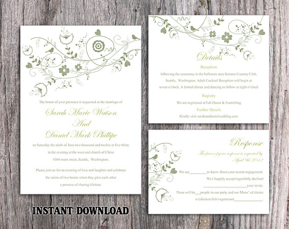 Mariage - DIY Wedding Invitation Template Set Editable Word File Instant Download Floral Wedding Invitation Bird Invitation Printable Green Invitation