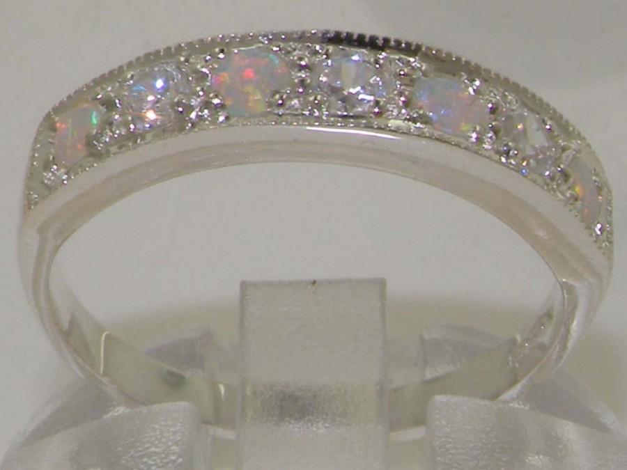 زفاف - English Luxury Genuine 0.18ct Diamond & Fiery Opal 925 Sterling Silver Half Eternity Ring - Made in England - Customize: 9K,14K,18K Gold