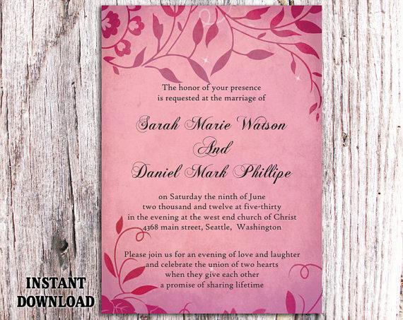 Свадьба - DIY Rustic Wedding Invitation Template Editable Word File Download Printable Invitation Fuchsia Pink Invitation Leaf Wedding Invitation