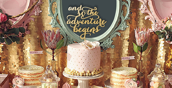 Hochzeit - SALE Cake topper "and so the adventure begins". Wedding cake decor. Wedding wood topper.