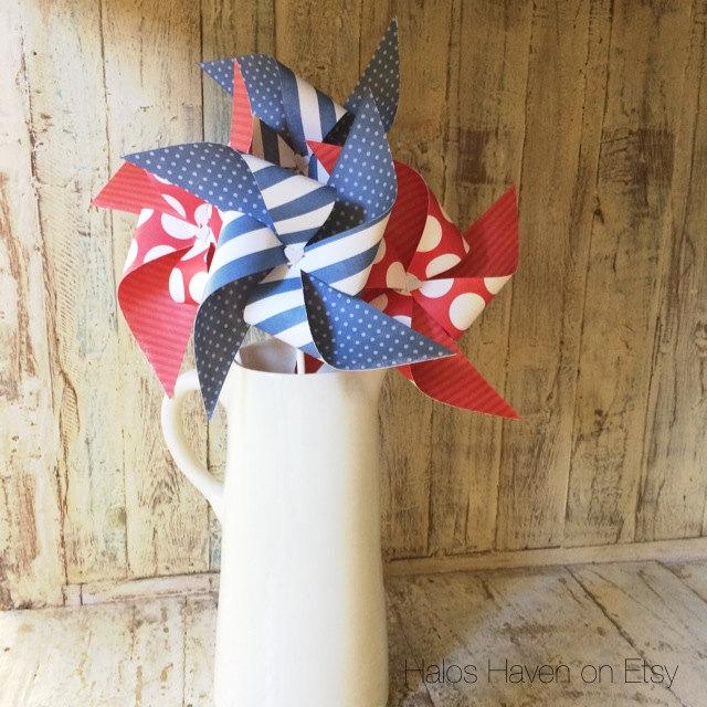Mariage - Red White and Blue - set of (6) Large Americana Decor - Paper Pinwheels
