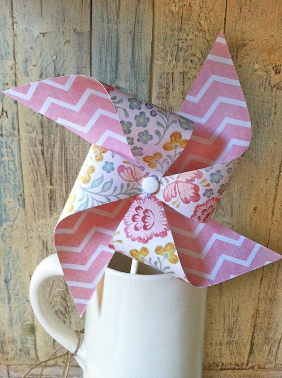 زفاف - Pinwheels - One Fine Day - Floral Pink Chevron Patterned Pinwheels - Party Favors Wedding Decor - Rustic Vintage Shabby Chic Wedding
