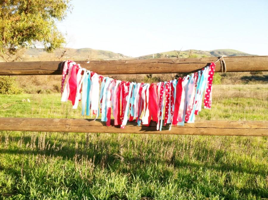 Mariage - Rag Tie Garland - Red and Aqua Theme Decor - Newborn Photo Prop - Birthday Decor - Wedding Decor - Baby Shower Decor