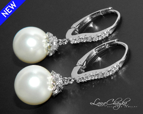 Hochzeit - Bridal Swarovski 10mm White Pearl Earrings White Pearl Silver Leverback Earrings White Pearl Cubic Zirconia Earring Bridesmaid Pearl Jewelry