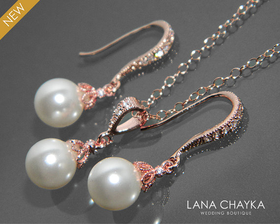 زفاف - White Pearl Rose Gold Bridal Set Earrings&Necklace Small Pearl Set Swarovski 8mm Pearl Rose Gold Jewelry Set Wedding Rose Gold Pearl Sets