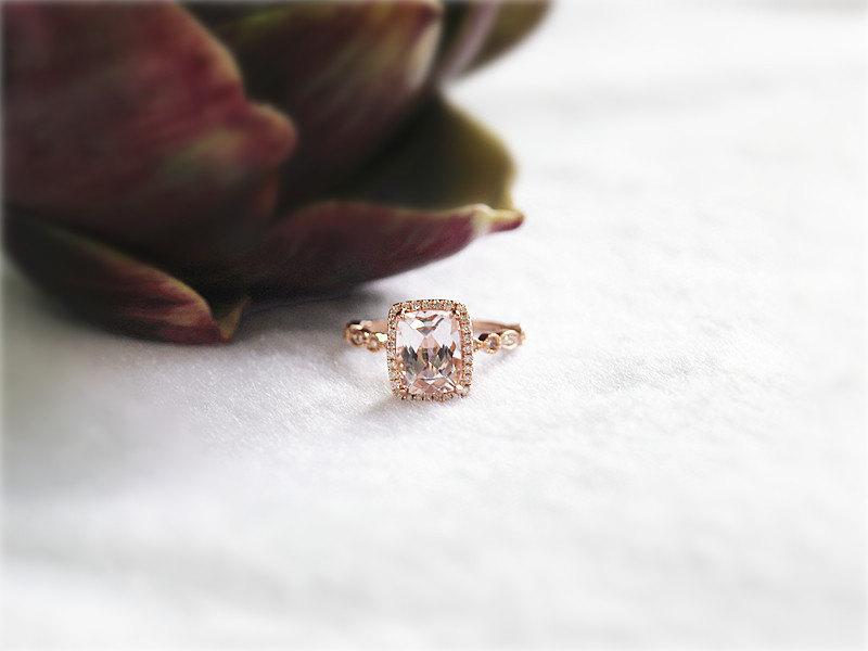 Mariage - New!!5x7mm Morganite Engagement Ring In 14K Rose Gold Cushion Cut Morganite Diamond Ring Wedding Ring Gemstone Ring Anniversary Gift For Her