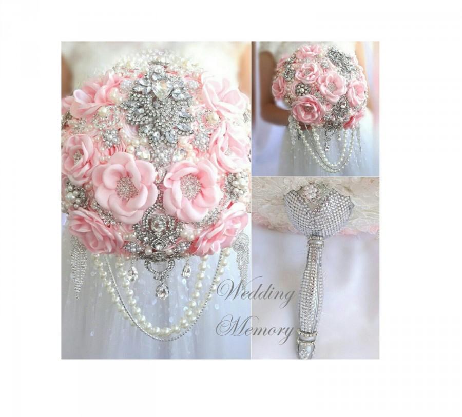 زفاف - BROOCH BOUQUET light pink, princess, glamour, silver crystal handle, blush pink cascading pearl