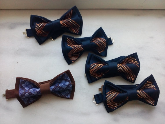 Hochzeit - nautical wedding bow ties set of 5 bowties for groom and groomsmen neckties ringbearer outfit father of the bride bowtie brown navy blue aA3