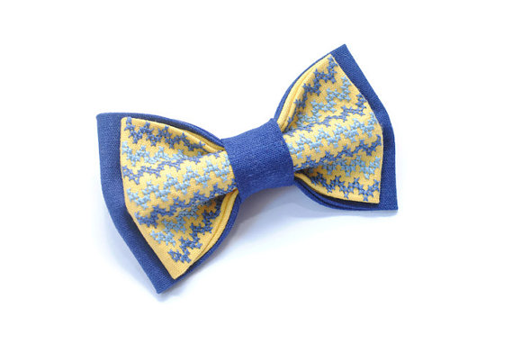 Mariage - blue bow tie wedding tie embroidered blue yellow bowtie groom chevron necktie groomsmen gift for men kids ties baby boys prop boyfriend män