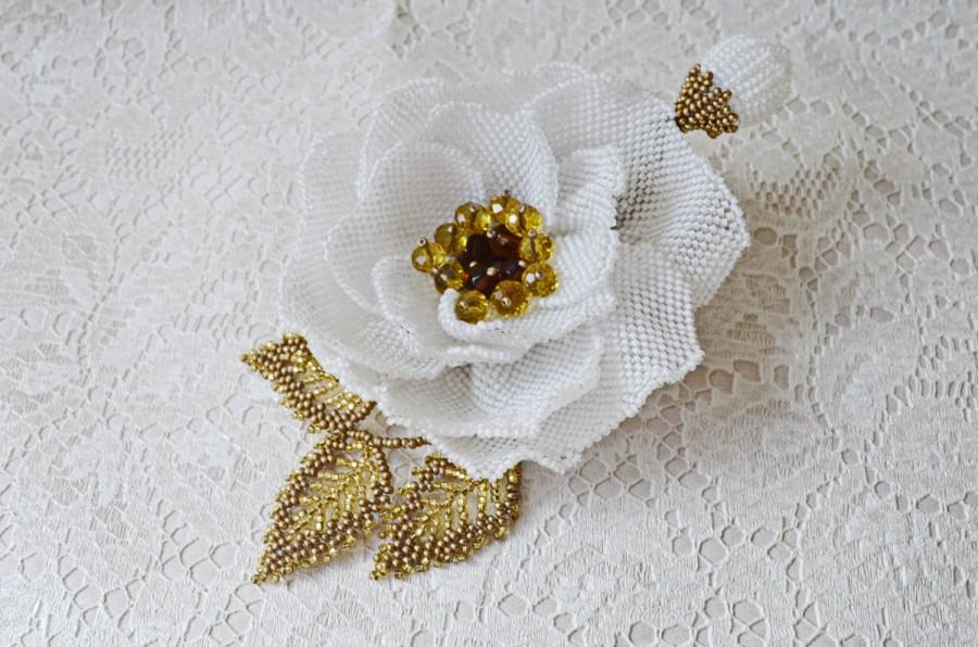 Mariage - Large White and Gold Seed Bead Flower Wedding Brooch, Bridal Rose Brooch, Groom's Boutonniere, Bridesmaid Beading Brooch, Holiday Brooch