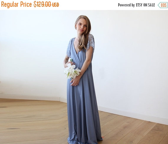 Mariage - Dusty Blue wrap dress with lace sleeves, Maxi blue gown with slit, Short sleeves lace dress