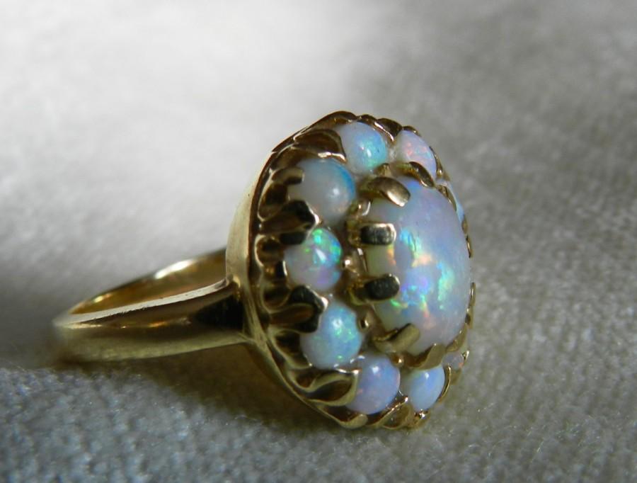 Свадьба - Opal Ring 14K Gold Semi Black Opal Engagement Antique Australian Blue Opal Halo Ring October Birthday