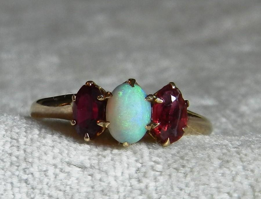 Hochzeit - Opal Ring Antique Opal Engagement Ring Antique Australian Opal Garnet Ring 14K Three Stone Ring October Birthday