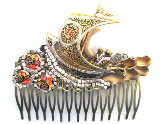 Wedding - Bridal Hair Comb Jewelled Hairpiece  New Years Eve Jewelry Accessories Black Gold Repurposed Vintage Jewelry