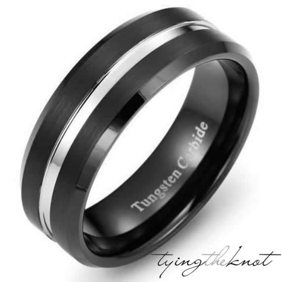Hochzeit - Mens Black Tungsten Carbide - Satin Finish w/Silver Tone Center Comfort Fit Mans Wedding Ring Band 8mm - Size 7 - 15