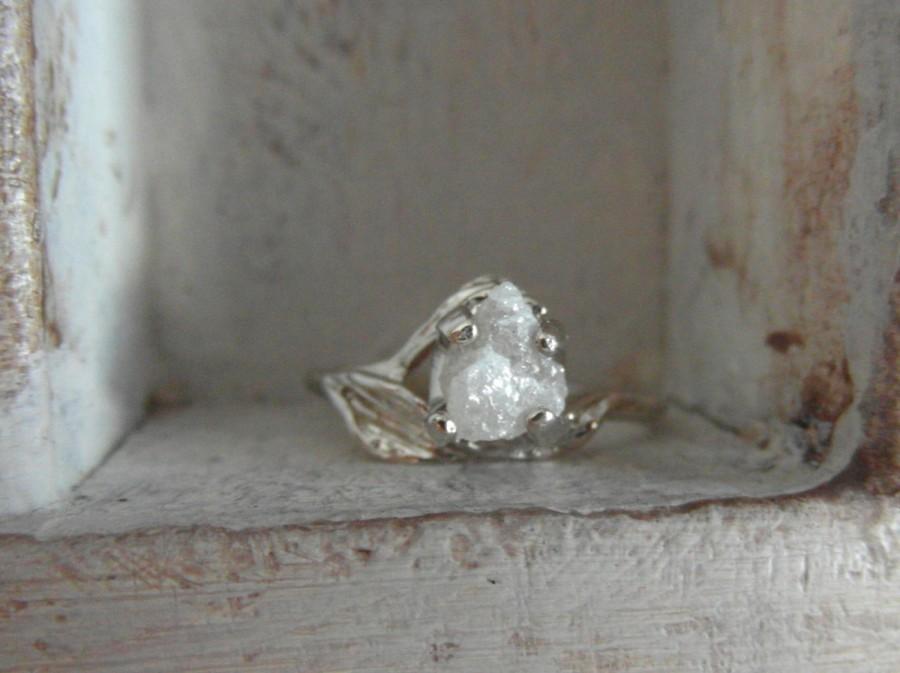 Mariage - 14 k white gold-Bright rose-Unconventional-Mounted-snow white- raw rough diamond - solitaire-promise-hand hammered-Special order for Rich
