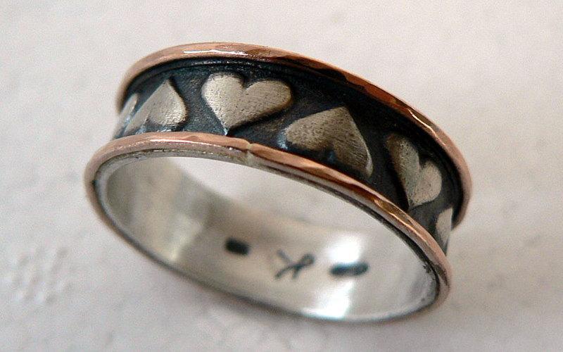 زفاف - Heart wedding ring, heart ring, An oxidized sterling silver heart ring with 9k red gold 3D printed ring, gift for Valentine's Day- ilanamir