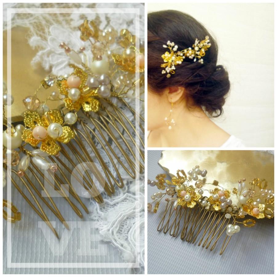 زفاف - bridal hair brooch, Wedding hair comb,  bridal hair accessories, gold headpieces, wedding hair jewelry, pearl and crystal hair brooch