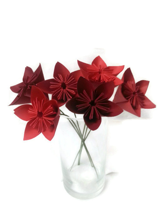 زفاف - SET of 6 with Free Domestic U.S. Ship - Bouquet "Ombre Reds" OOAK Origami Paper Flowers