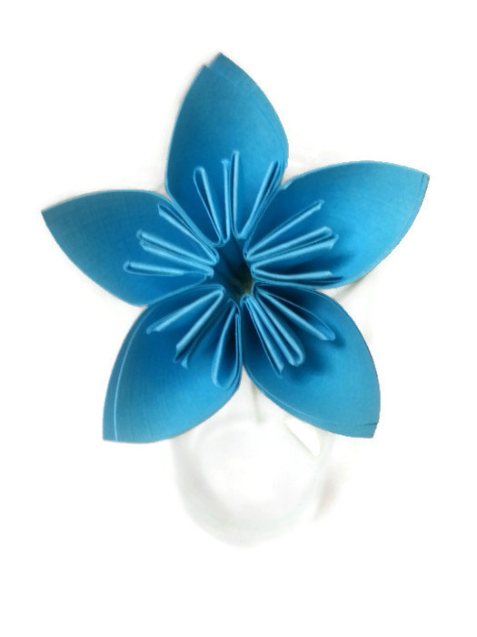 زفاف - Bright Blue Kusudama Origami Paper Flower with Green Wire Stem